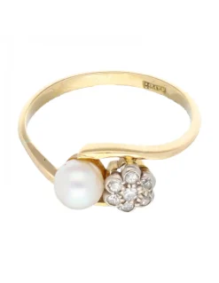 Anillo con perla y brillantes oro amarillo 18kl