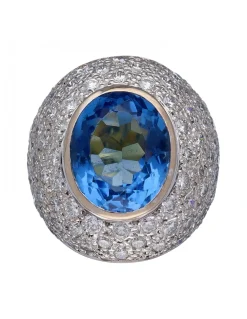 Anillo Coctel de Oro amarillo y blanco, con Brillantes y Zafiro