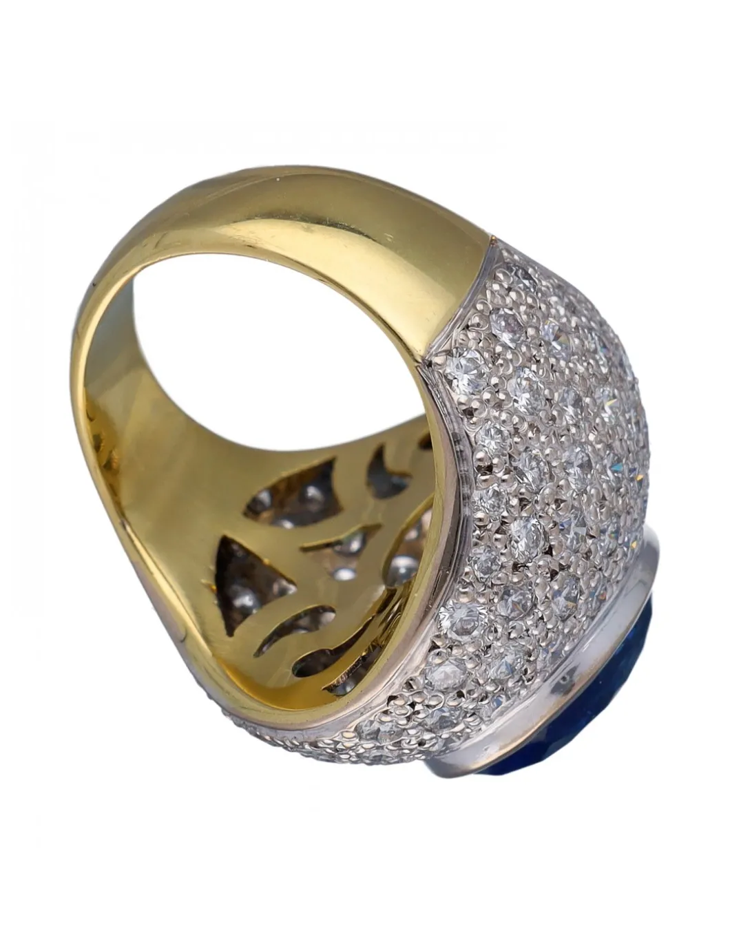 Anillo Coctel de Oro amarillo y blanco, con Brillantes y Zafiro