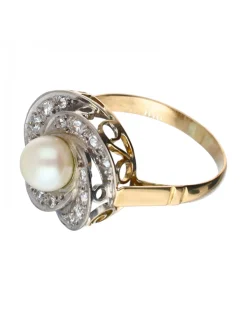 Anillo con zirconitas y perla diseño vintage oro amarillo 18kl