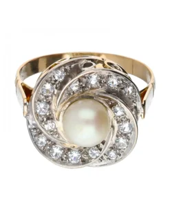 Anillo con zirconitas y perla diseño vintage oro amarillo 18kl