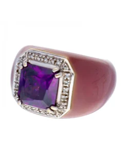 Anillo de oro 18 cubierto en esmalte. Diamantes y Amatista