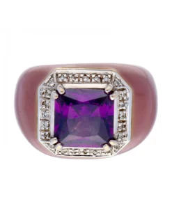 Anillo de oro 18 cubierto en esmalte. Diamantes y Amatista