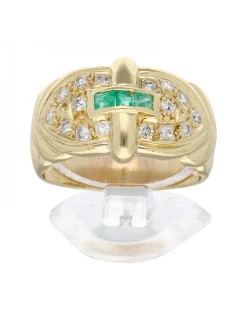 Anillo de oro amarillo 18 K con diseño circonitas verdes y brillantes