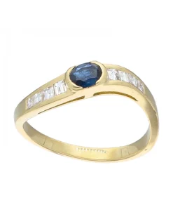 Anillo de oro amarillo 18 K con diseño brillantes y zafiro