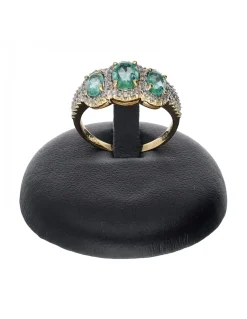 Anillo de oro amarillo 18 K con diseño brillantes y piedras verdes sintéticas