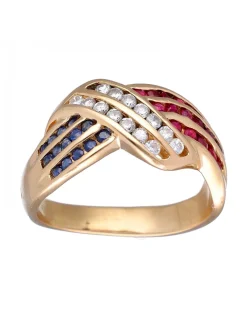 Anillo de Oro amarillo con diseño, brillantes Moissanite, Rubíes y Zafiros