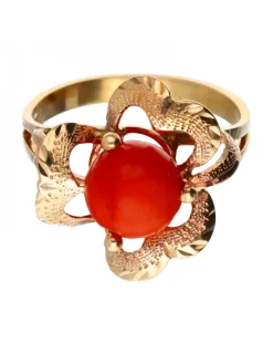 Anillo de Oro amarillo con diseño de Flor y Piedra sintética roja