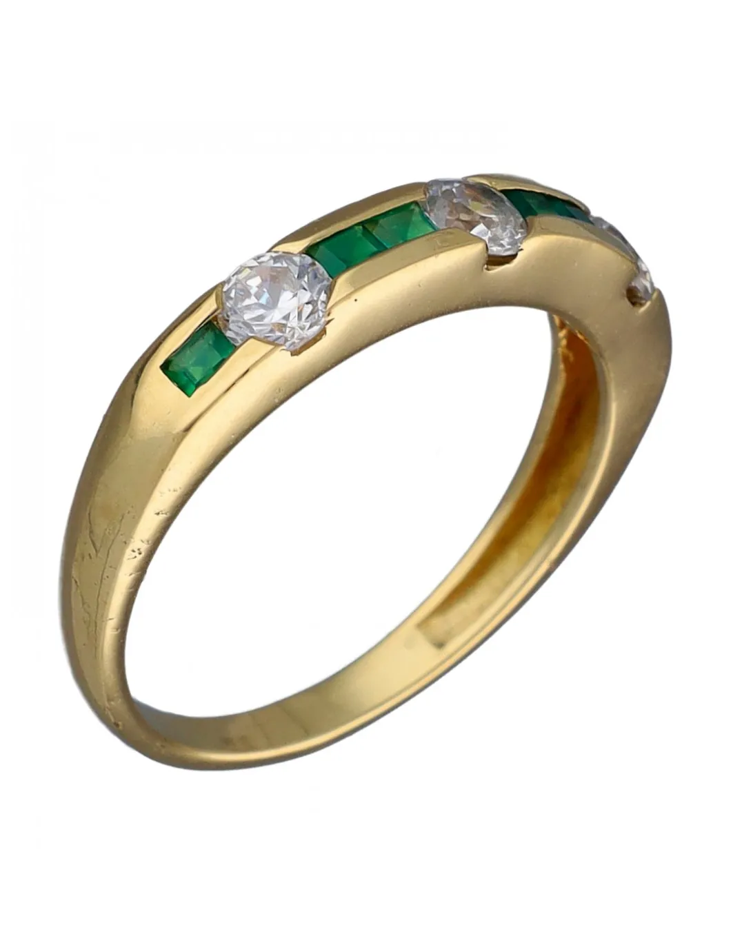 Anillo de Oro amarillo con diseño Aniversario, 6 Esmeraldas y 3 Circonitas