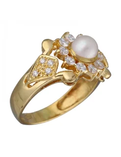 Anillo de Oro amarillo con diseño Coctel, Perla y Circonitas