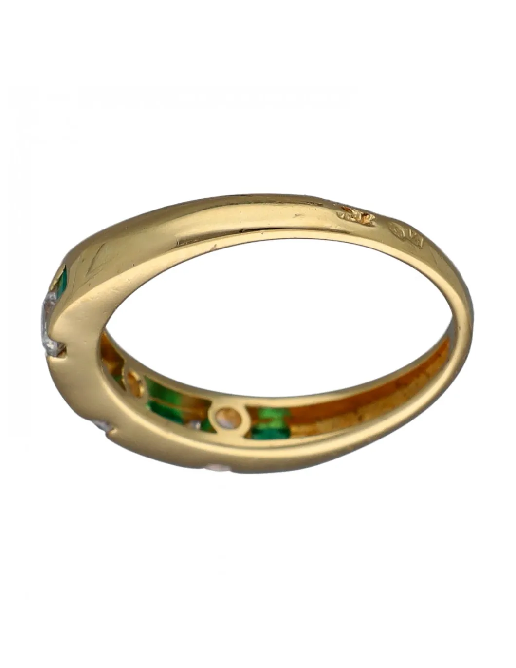 Anillo de Oro amarillo con diseño Aniversario, 6 Esmeraldas y 3 Circonitas