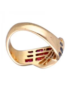 Anillo de Oro amarillo con diseño, brillantes Moissanite, Rubíes y Zafiros