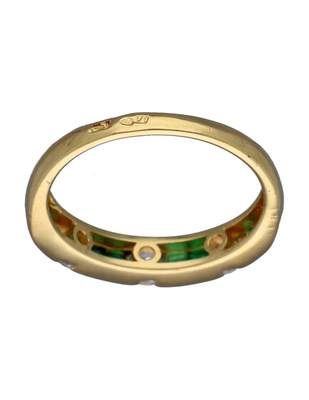 Anillo de Oro amarillo con diseño Aniversario, 6 Esmeraldas y 3 Circonitas