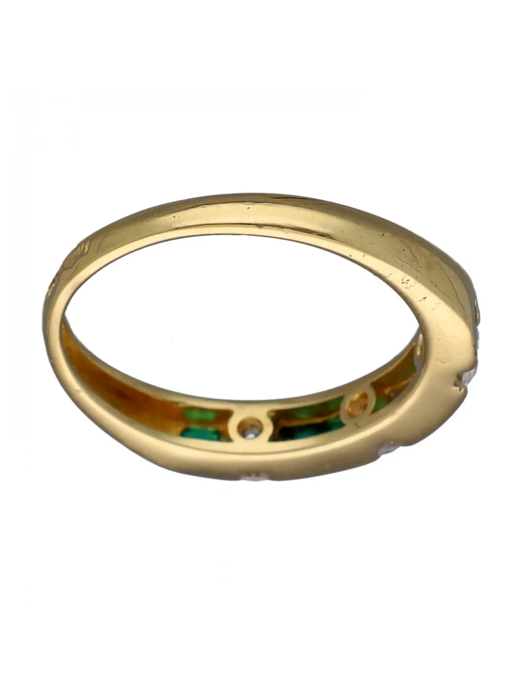 Anillo de Oro amarillo con diseño Aniversario, 6 Esmeraldas y 3 Circonitas