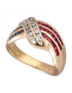 Anillo de Oro amarillo con diseño, brillantes Moissanite, Rubíes y Zafiros