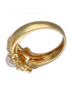 Anillo de Oro amarillo con diseño Coctel, Perla y Circonitas