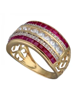 Anillo de Oro amarillo con diseño Chevalier, Circonitas y Rubíes
