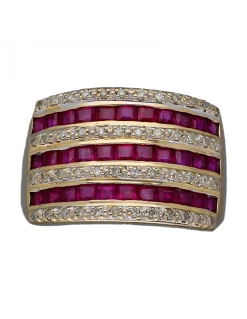 Anillo de Oro amarillo con diseño Coctel, Rubíes y Circonitas