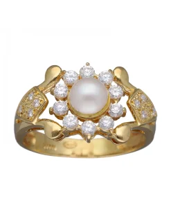 Anillo de Oro amarillo con diseño Coctel, Perla y Circonitas