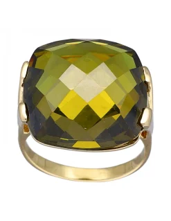 Anillo de Oro amarillo 18K con diseño cuadrado y Piedra Sintética verde