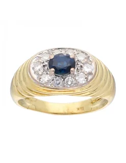 Anillo de Oro amarillo 18K con diseño, Brillantes y un Zafiro Sintético