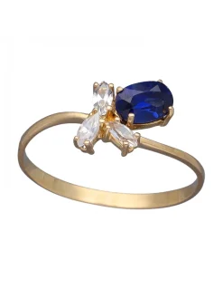 Anillo de Oro amarillo 18K con diseño, Circonitas y Piedra Sintética azul