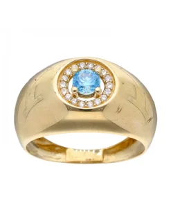 Anillo de Oro amarillo 18K con diseño Circonitas y Piedra azul Sintética