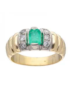Anillo de Oro amarillo 18K con diseño, brillantes y Esmeralda Sintética