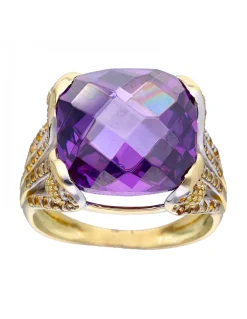 Anillo de oro amarillo 18K con diseño circonitas y amatista sintética