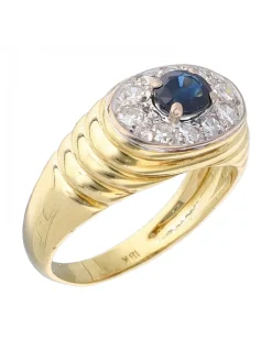 Anillo de Oro amarillo 18K con diseño, Brillantes y un Zafiro Sintético