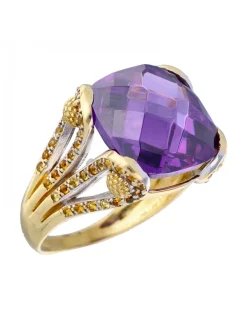 Anillo de oro amarillo 18K con diseño circonitas y amatista sintética
