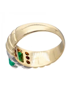 Anillo de Oro amarillo 18K con diseño, brillantes y Esmeralda Sintética