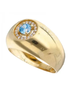 Anillo de Oro amarillo 18K con diseño Circonitas y Piedra azul Sintética