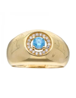 Anillo de Oro amarillo 18K con diseño Circonitas y Piedra azul Sintética