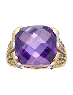 Anillo de oro amarillo 18K con diseño circonitas y amatista sintética