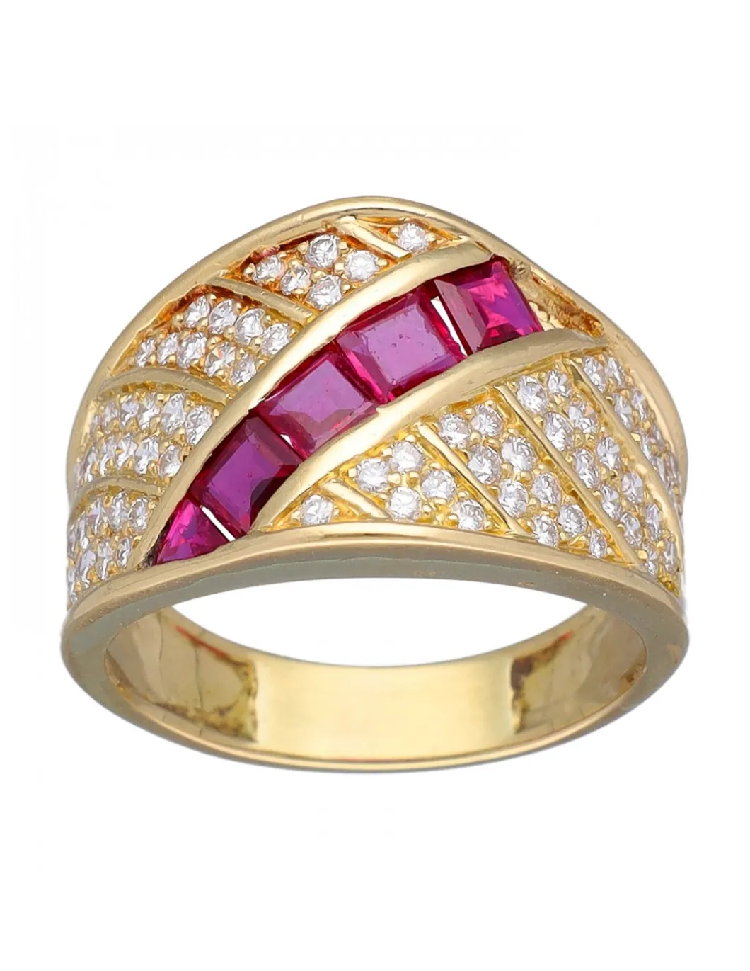 Anillo de Oro amarillo, tipo Coctel, con Brillantes y Rubíes.