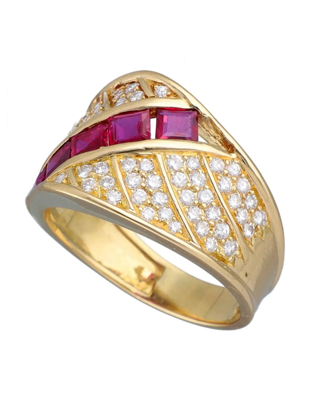 Anillo de Oro amarillo, tipo Coctel, con Brillantes y Rubíes.