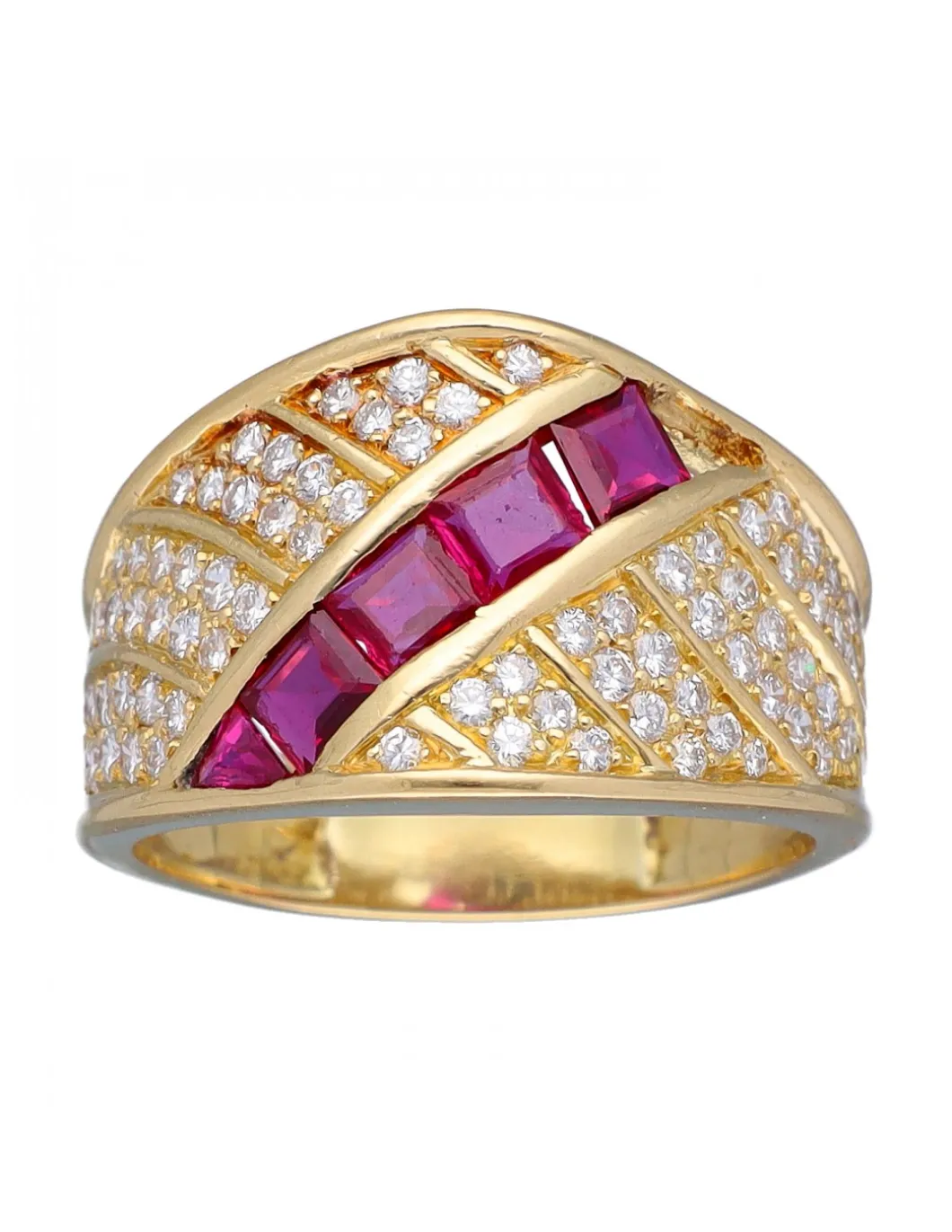 Anillo de Oro amarillo, tipo Coctel, con Brillantes y Rubíes.