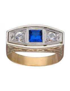 Anillo de Oro amarillo y blanco 18K con diseño, Piedra Sintética azul y Circonitas