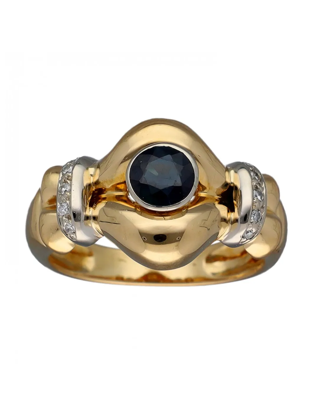 Anillo de Oro amarillo y blanco diseño Coctel, Zafiro y Circonitas