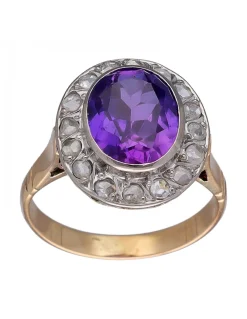 Anillo de Oro amarillo y blanco 18K con diseño, Brillantes y Amatista