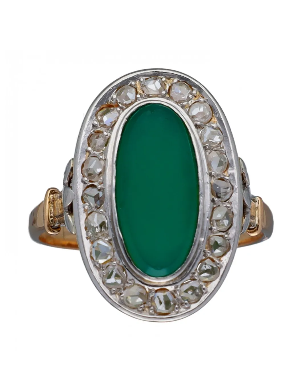 Anillo de Oro amarillo y blanco Diseño Lanzadera, Circonitas y Jade central