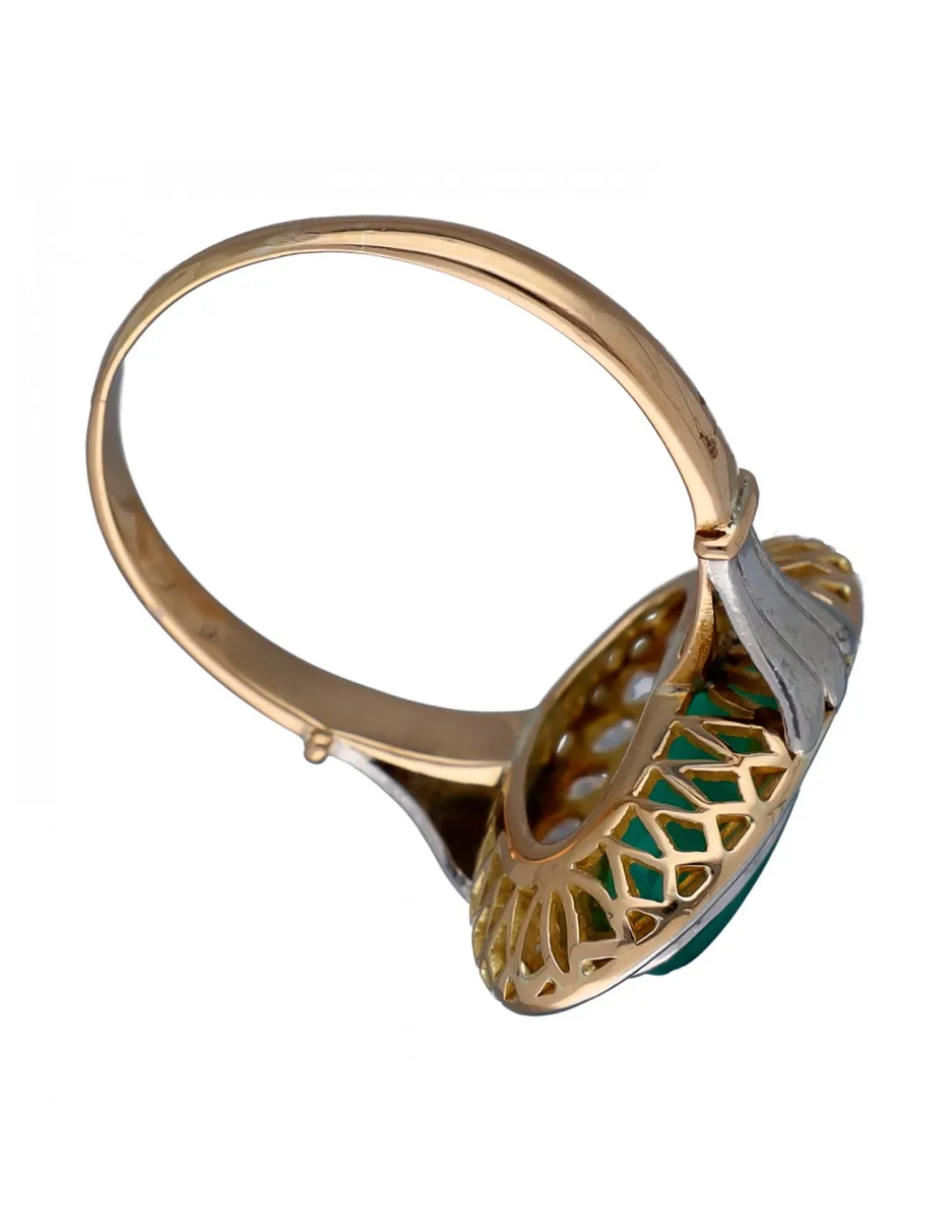 Anillo de Oro amarillo y blanco Diseño Lanzadera, Circonitas y Jade central