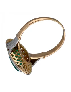 Anillo de Oro amarillo y blanco Diseño Lanzadera, Circonitas y Jade central