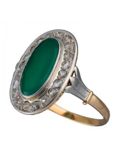 Anillo de Oro amarillo y blanco Diseño Lanzadera, Circonitas y Jade central