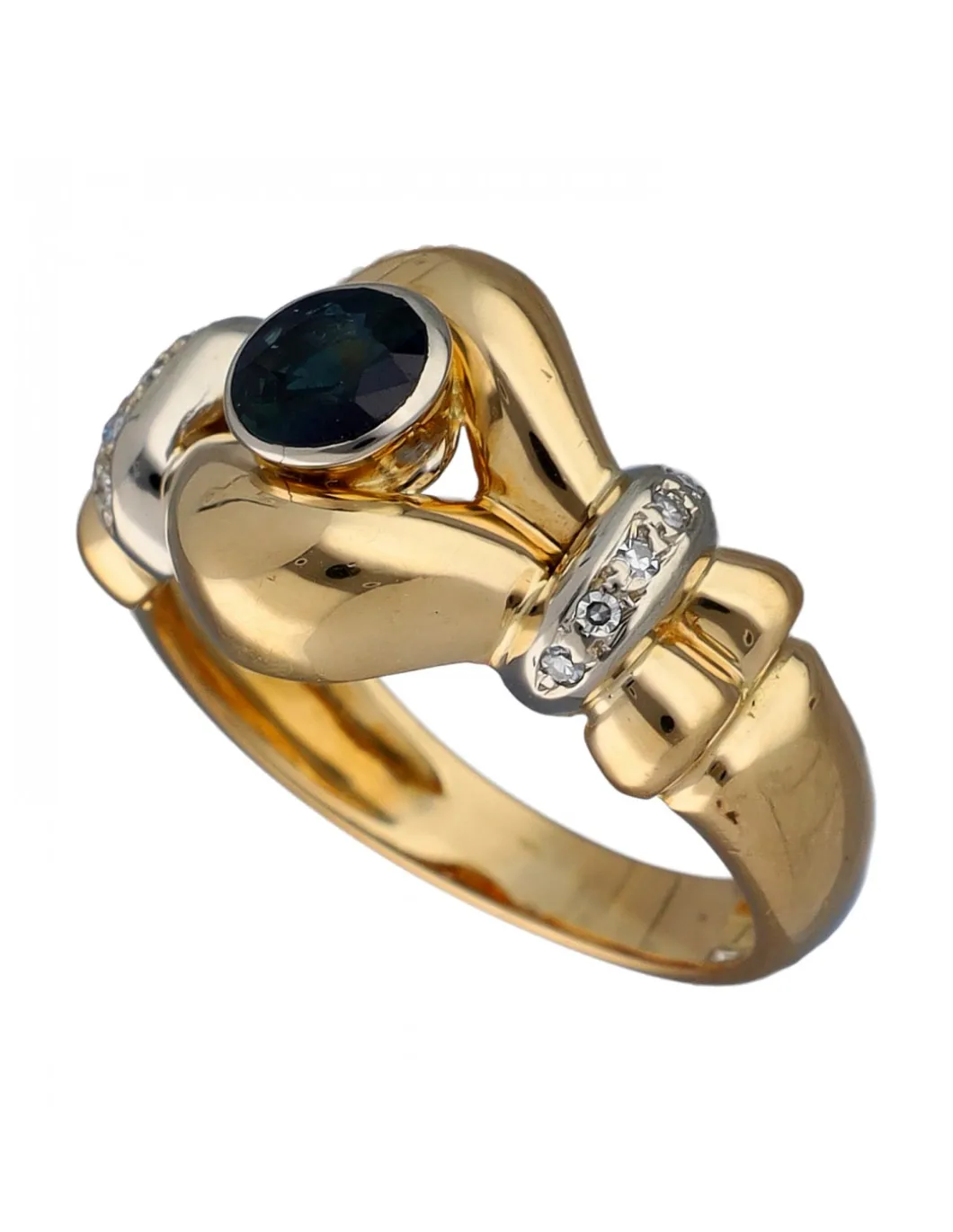 Anillo de Oro amarillo y blanco diseño Coctel, Zafiro y Circonitas
