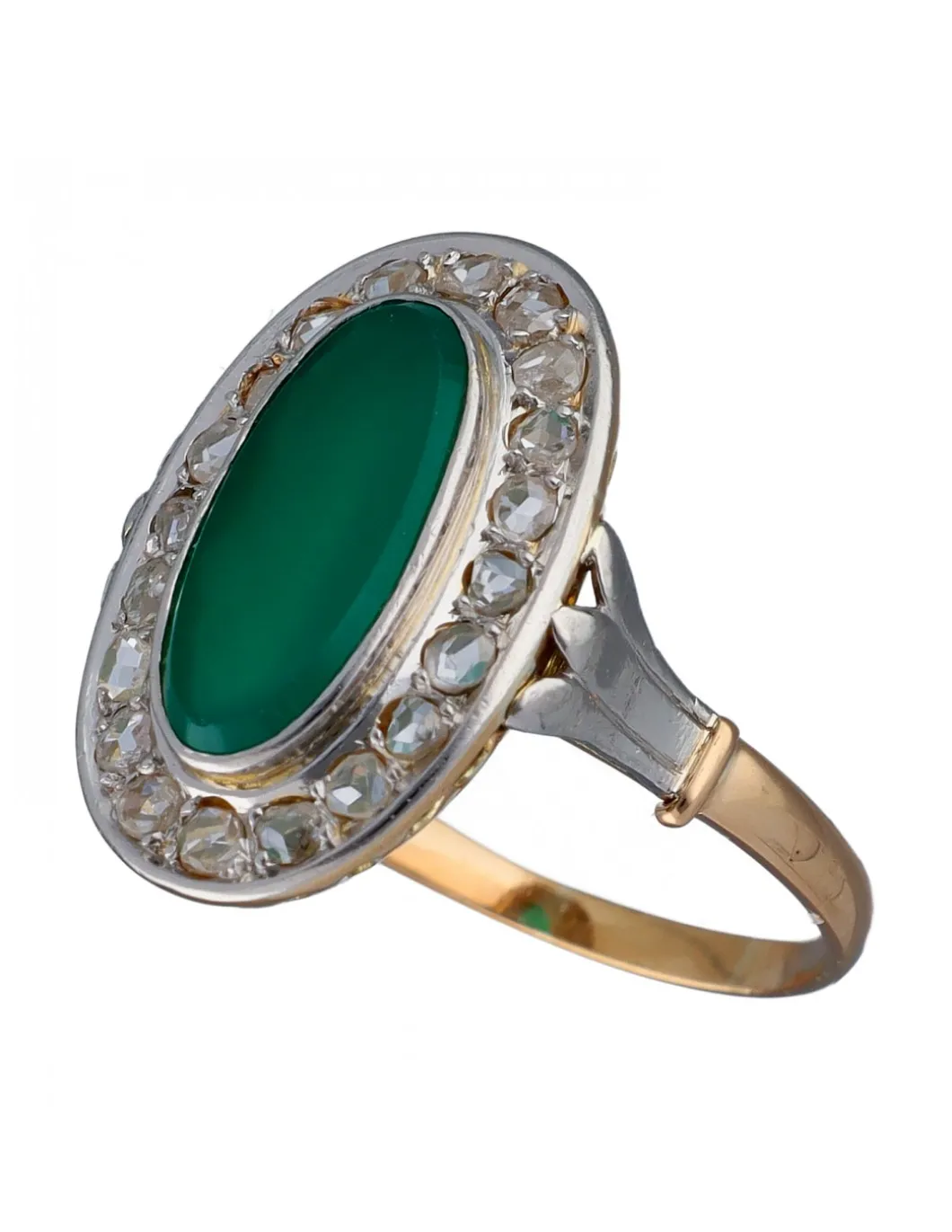 Anillo de Oro amarillo y blanco Diseño Lanzadera, Circonitas y Jade central