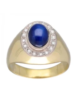 Anillo de Oro amarillo18K con diseño, Brillantes y Piedra azul sintética