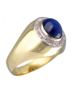 Anillo de Oro amarillo18K con diseño, Brillantes y Piedra azul sintética