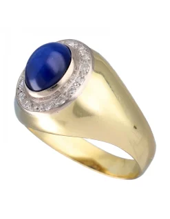 Anillo de Oro amarillo18K con diseño, Brillantes y Piedra azul sintética